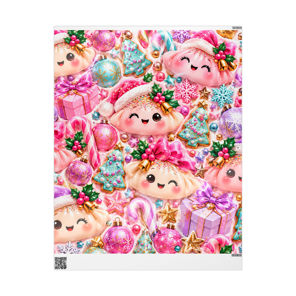 Christmas Elf Wrapping Paper - Cute Pink Holiday Gift Wrap with Ornaments & Cookies