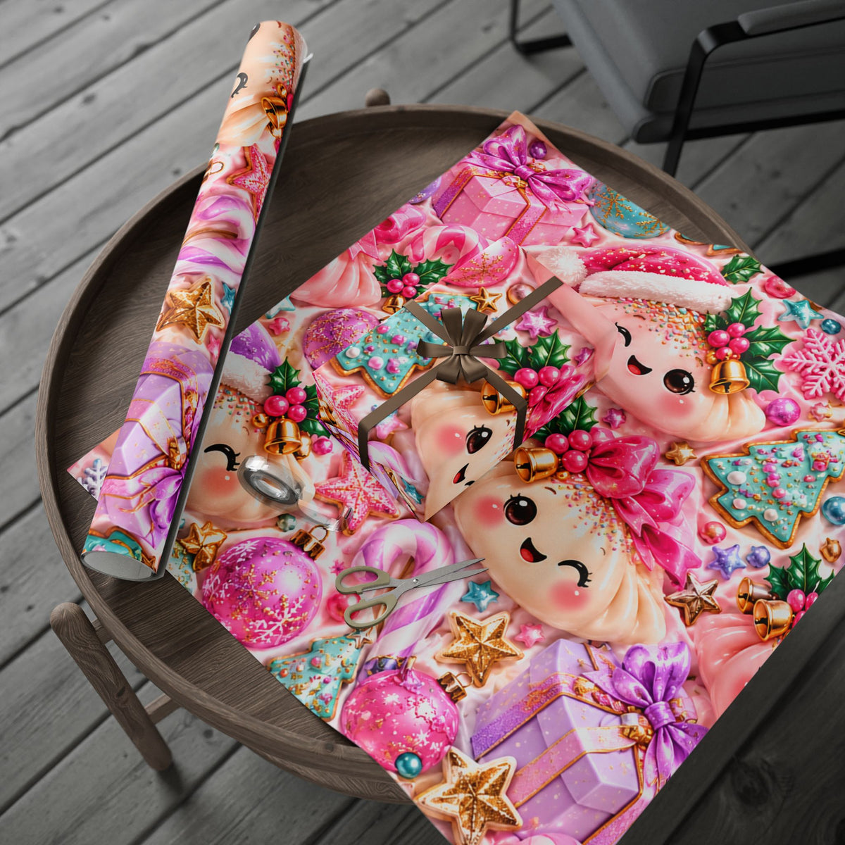 Christmas Elf Wrapping Paper - Cute Pink Holiday Gift Wrap with Ornaments & Cookies