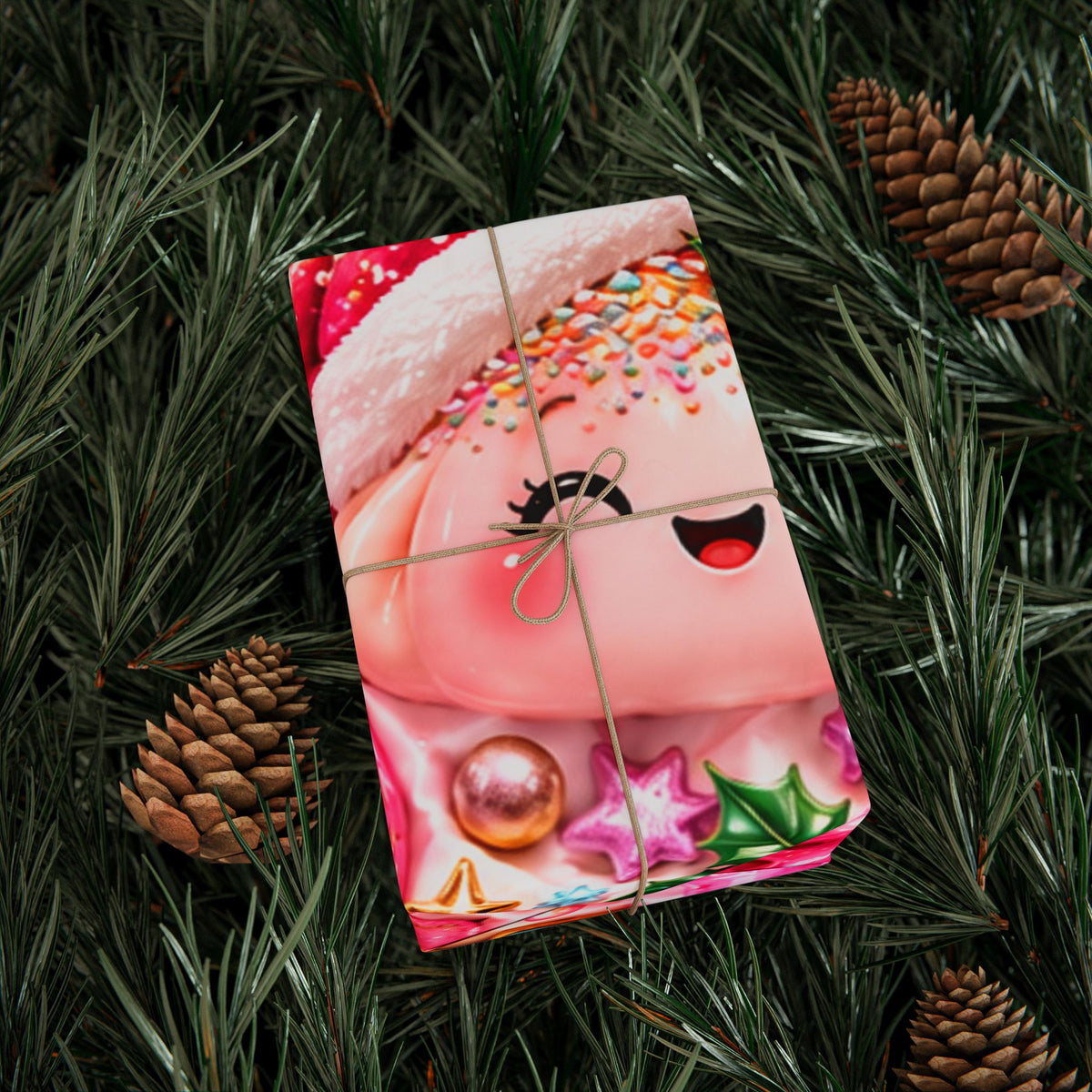 Christmas Elf Wrapping Paper - Cute Pink Holiday Gift Wrap with Ornaments & Cookies