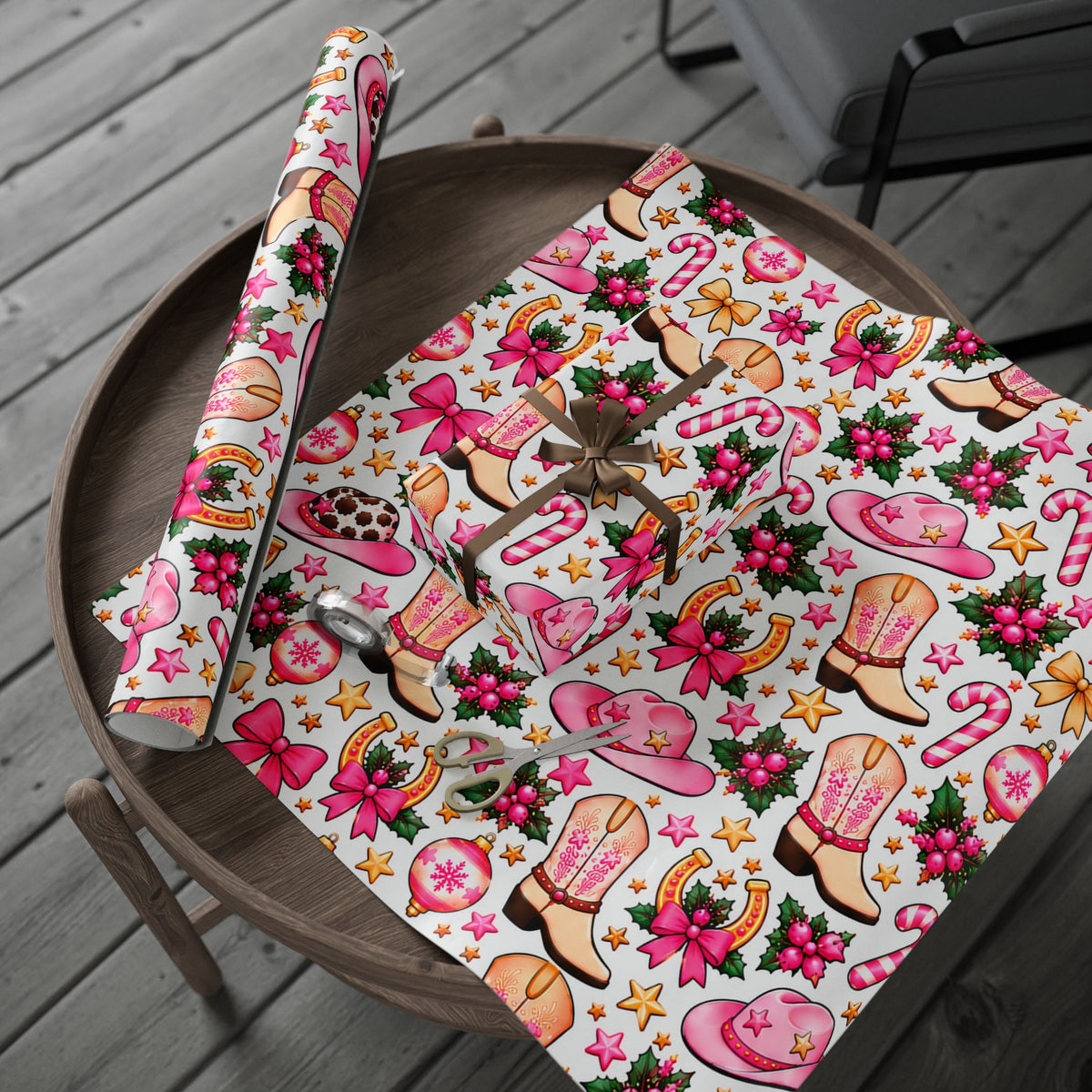 Cowgirl Christmas Wrapping Paper — Pink Cowboy Boots & Hats Holiday Gift Wrap