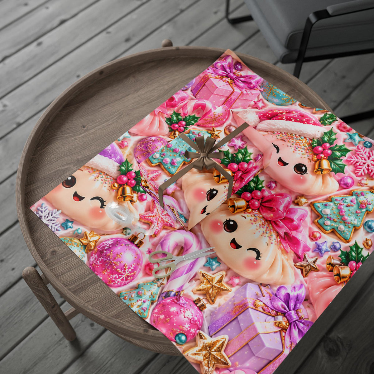 Christmas Elf Wrapping Paper - Cute Pink Holiday Gift Wrap with Ornaments & Cookies