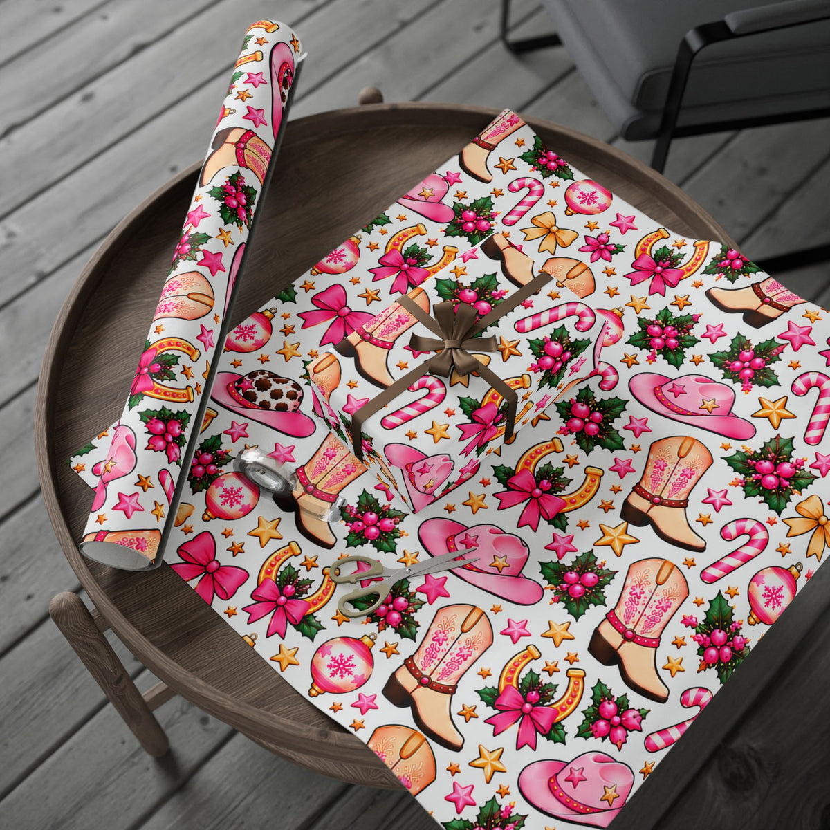 Cowgirl Christmas Wrapping Paper — Pink Cowboy Boots & Hats Holiday Gift Wrap
