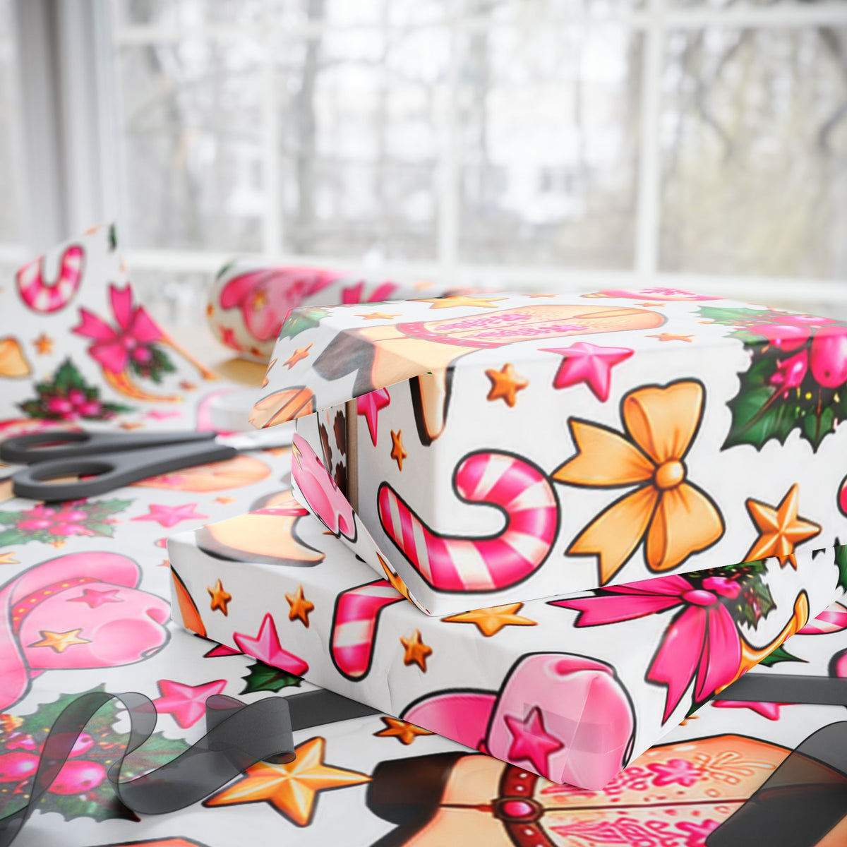 Cowgirl Christmas Wrapping Paper — Pink Cowboy Boots & Hats Holiday Gift Wrap