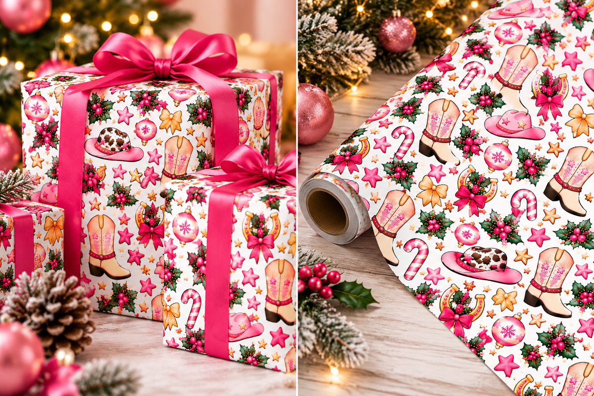Cowgirl Christmas Wrapping Paper — Pink Cowboy Boots & Hats Holiday Gift Wrap