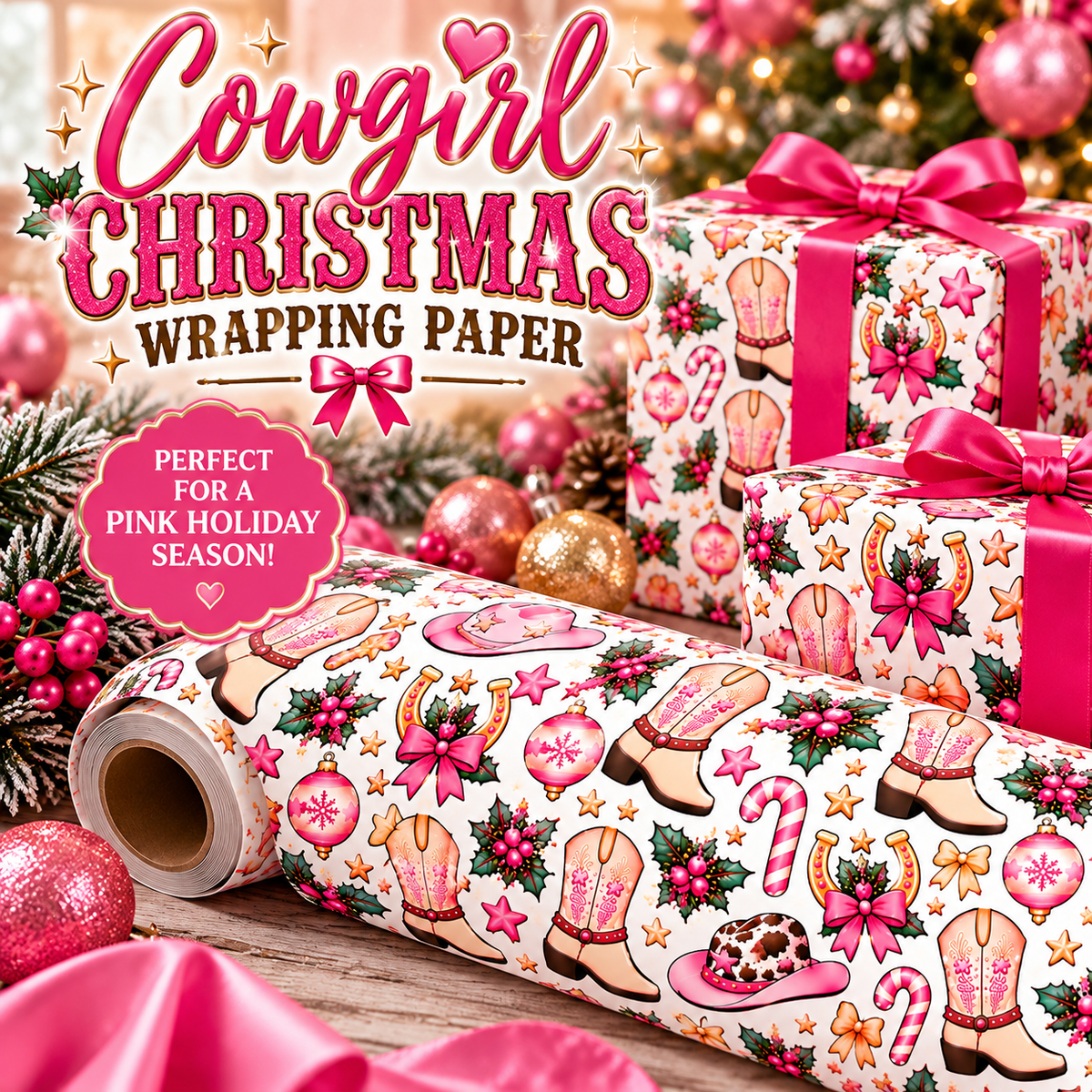 Cowgirl Christmas Wrapping Paper — Pink Cowboy Boots & Hats Holiday Gift Wrap