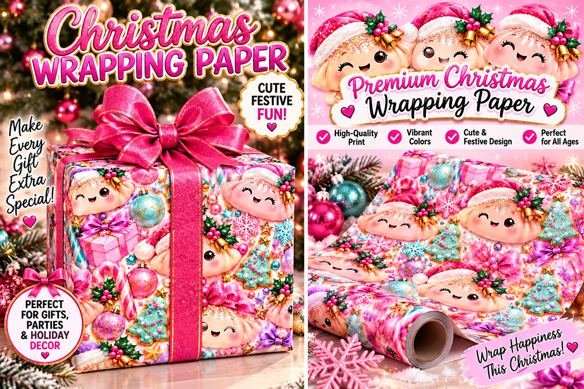 Christmas Elf Wrapping Paper - Cute Pink Holiday Gift Wrap with Ornaments & Cookies