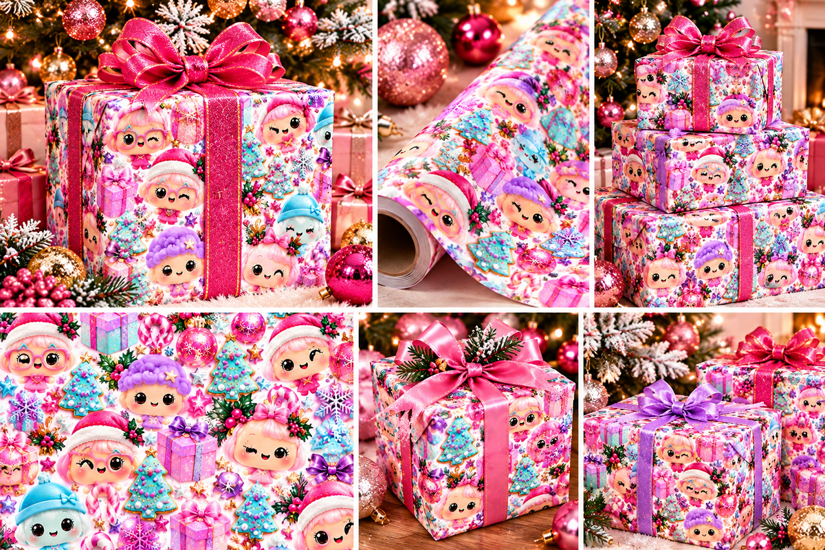 Wrapping Paper - Cute Kawaii Christmas Characters & Gifts Holiday Print