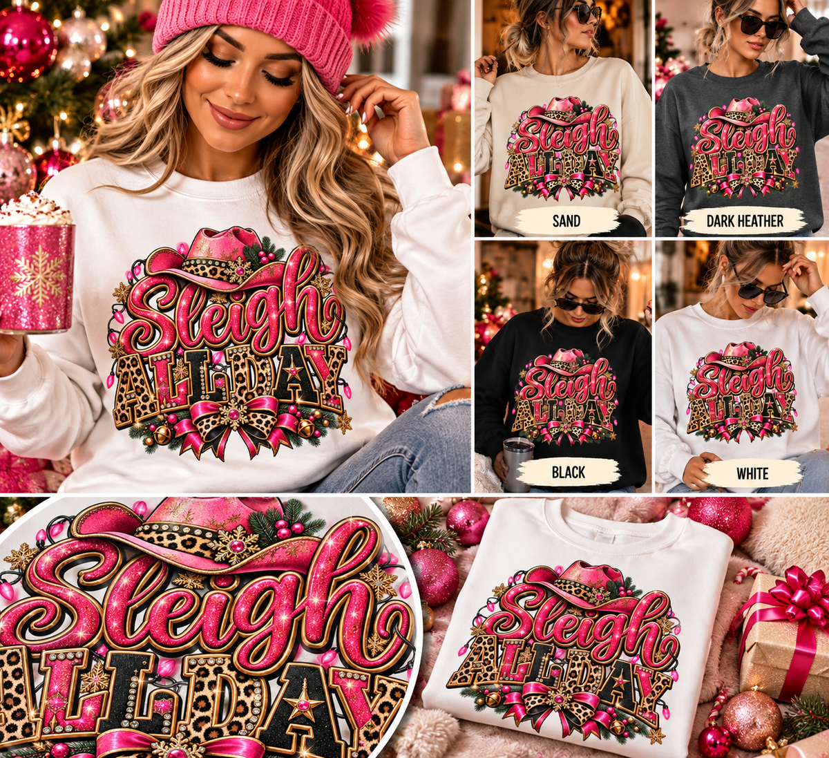 Sleigh Queen Crewneck Sweatshirt - Pink Leopard Holiday Graphic