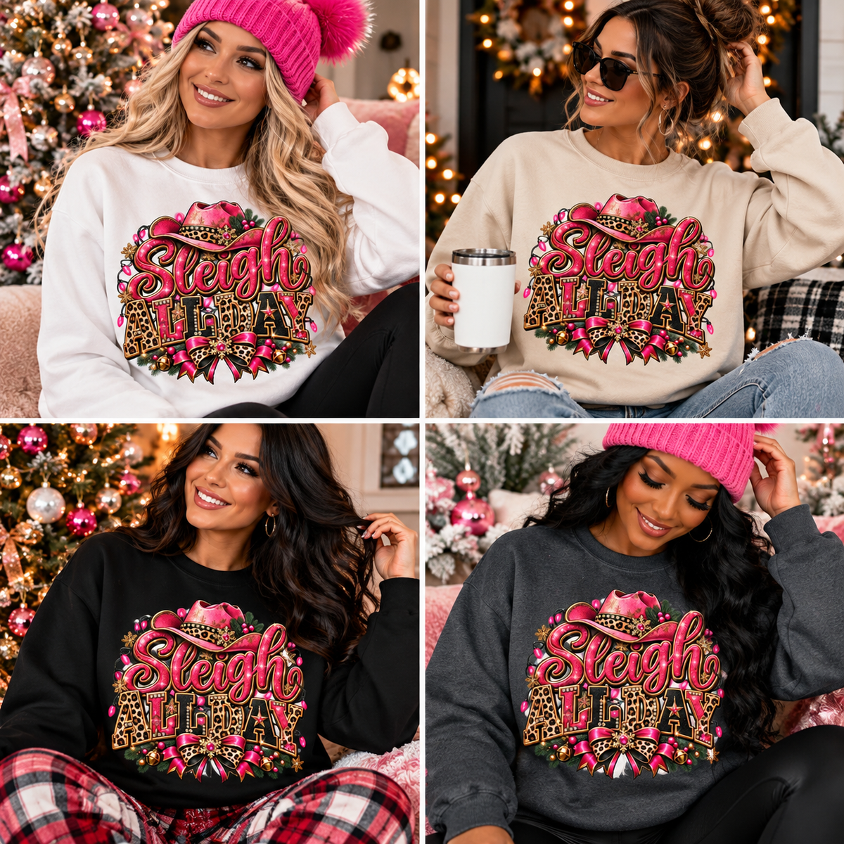 Sleigh Queen Crewneck Sweatshirt - Pink Leopard Holiday Graphic