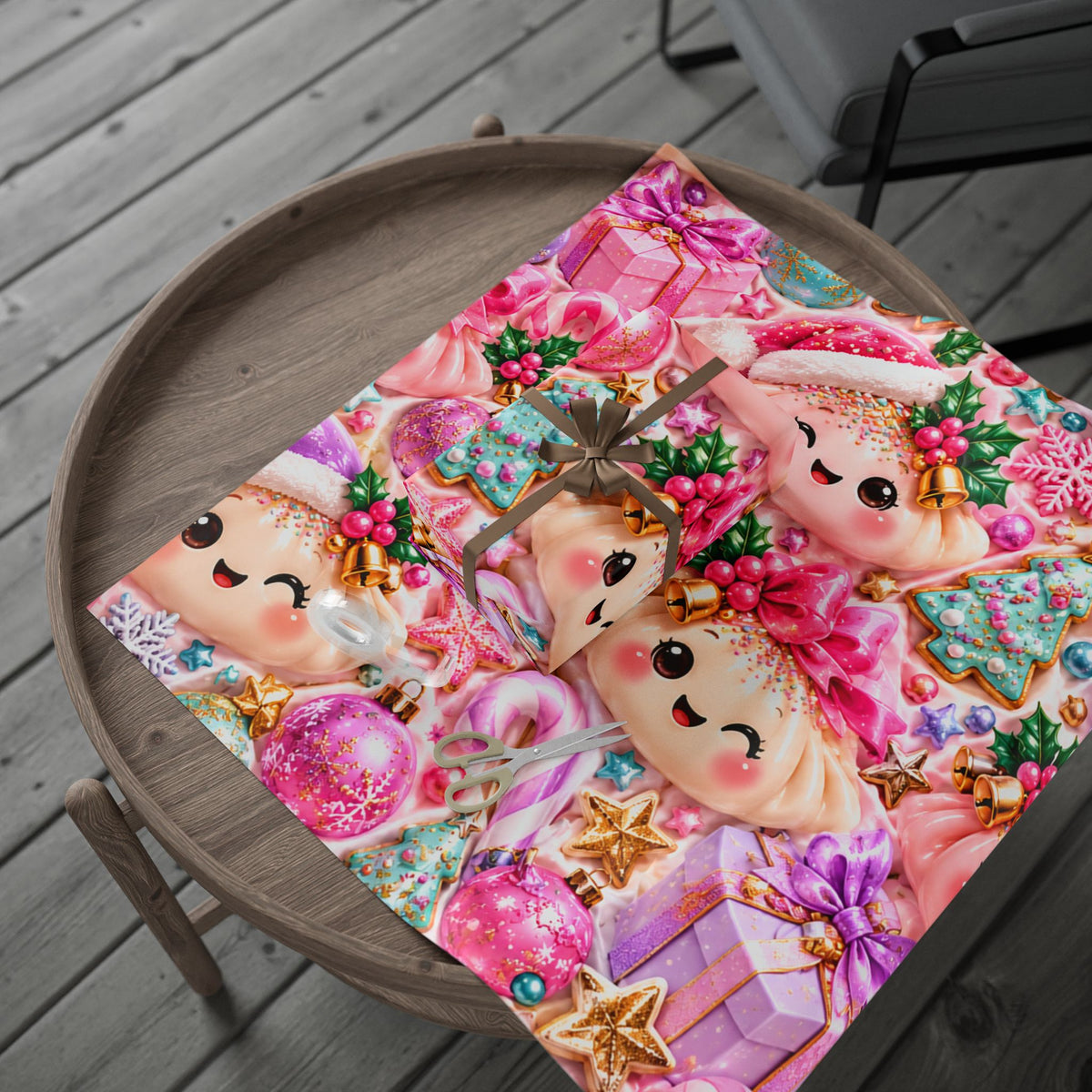 Christmas Elf Wrapping Paper - Cute Pink Holiday Gift Wrap with Ornaments & Cookies