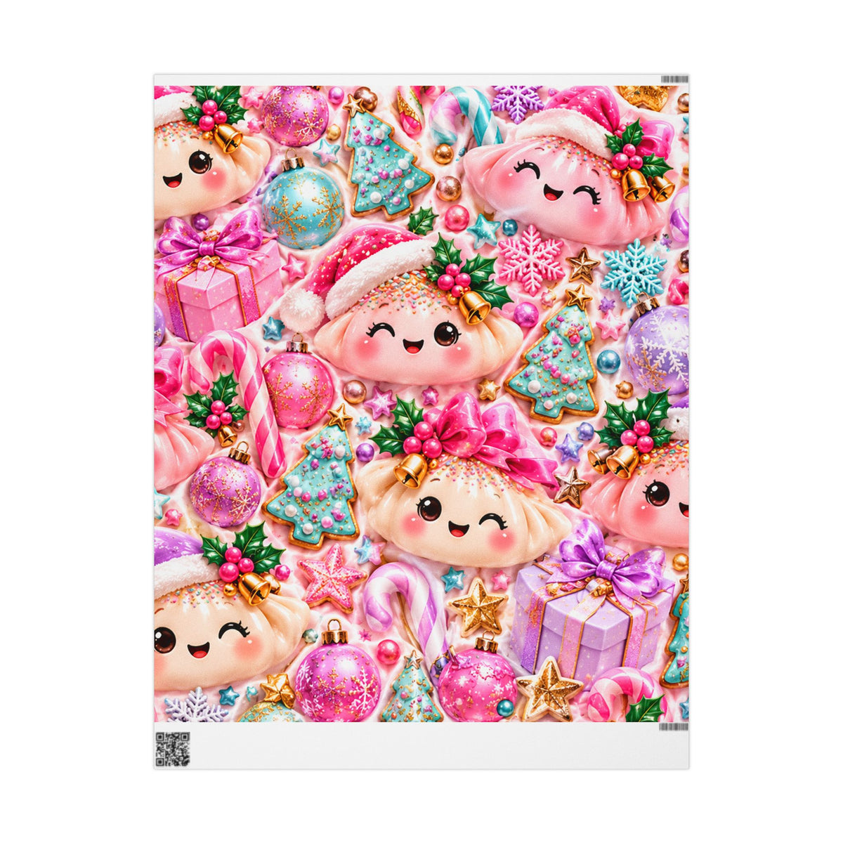 Christmas Elf Wrapping Paper - Cute Pink Holiday Gift Wrap with Ornaments & Cookies