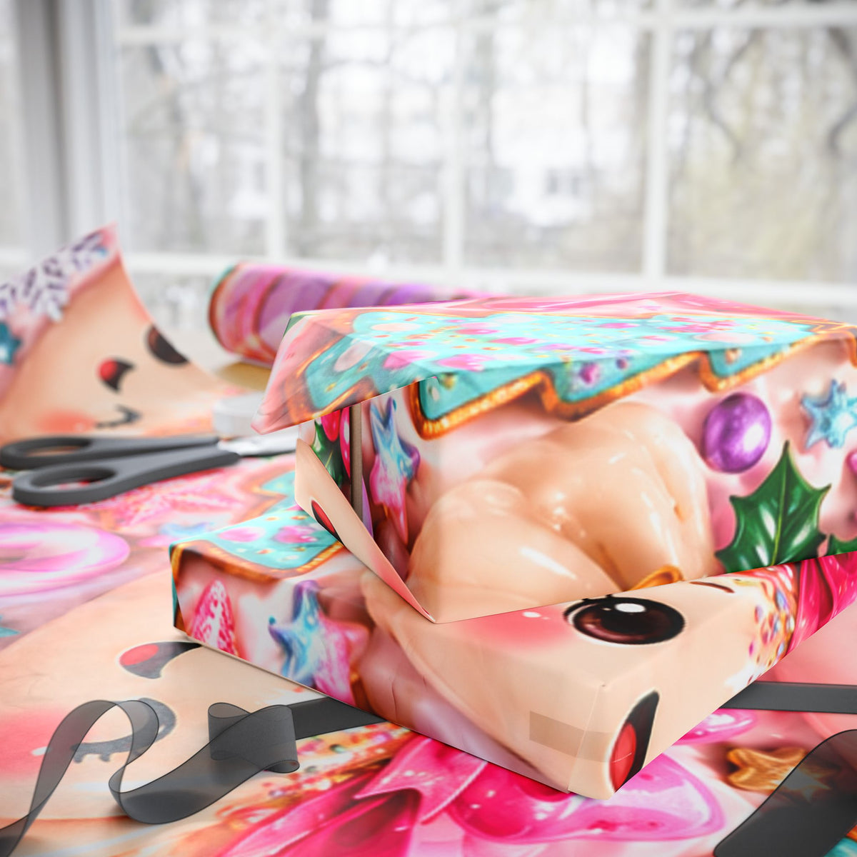 Christmas Elf Wrapping Paper - Cute Pink Holiday Gift Wrap with Ornaments & Cookies