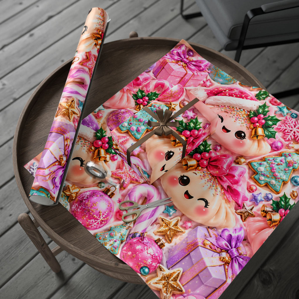 Christmas Elf Wrapping Paper - Cute Pink Holiday Gift Wrap with Ornaments & Cookies