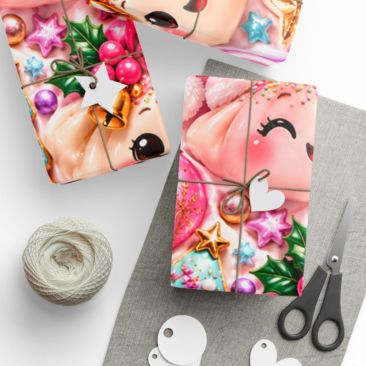 Christmas Elf Wrapping Paper - Cute Pink Holiday Gift Wrap with Ornaments & Cookies