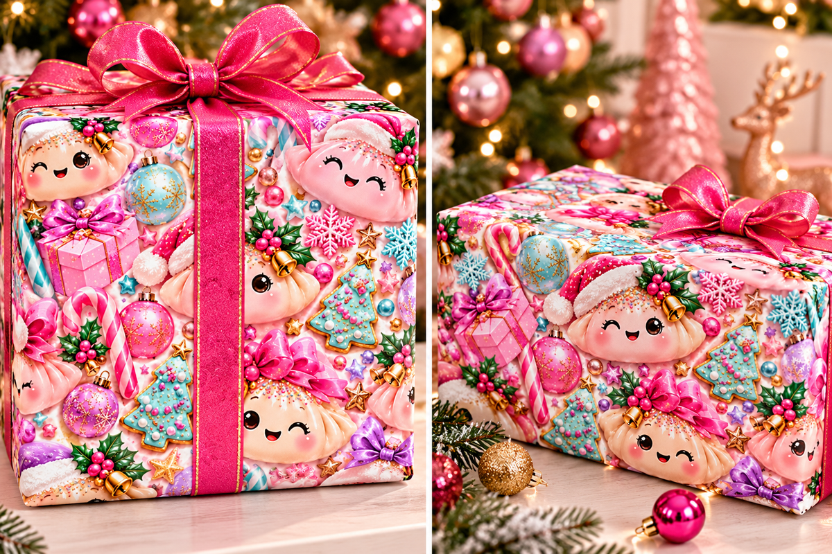 Christmas Elf Wrapping Paper - Cute Pink Holiday Gift Wrap with Ornaments & Cookies