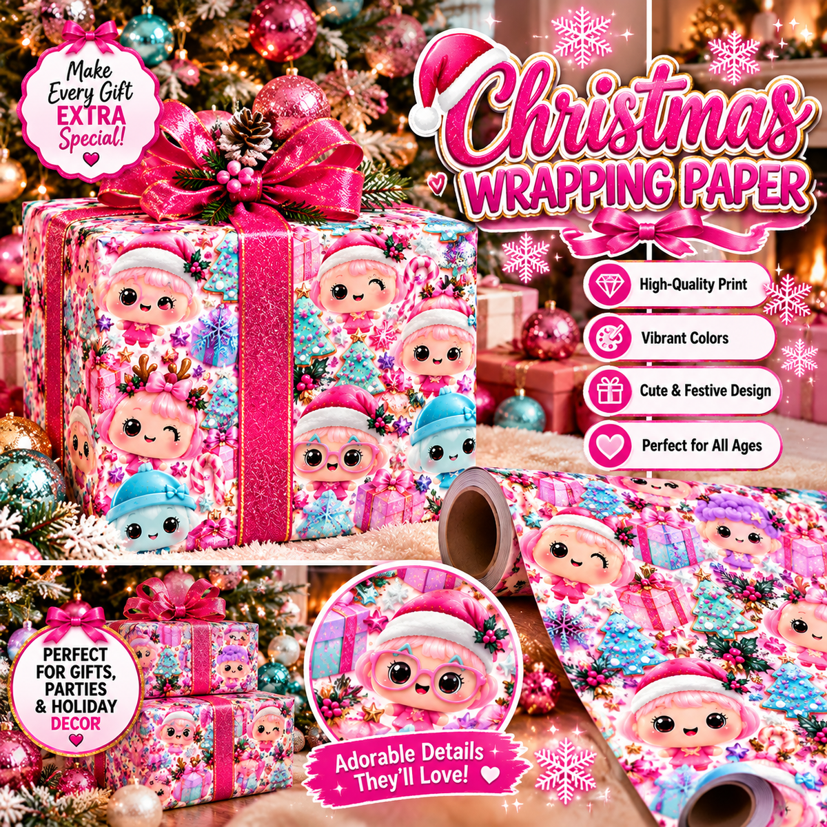 Wrapping Paper - Cute Kawaii Christmas Characters & Gifts Holiday Print