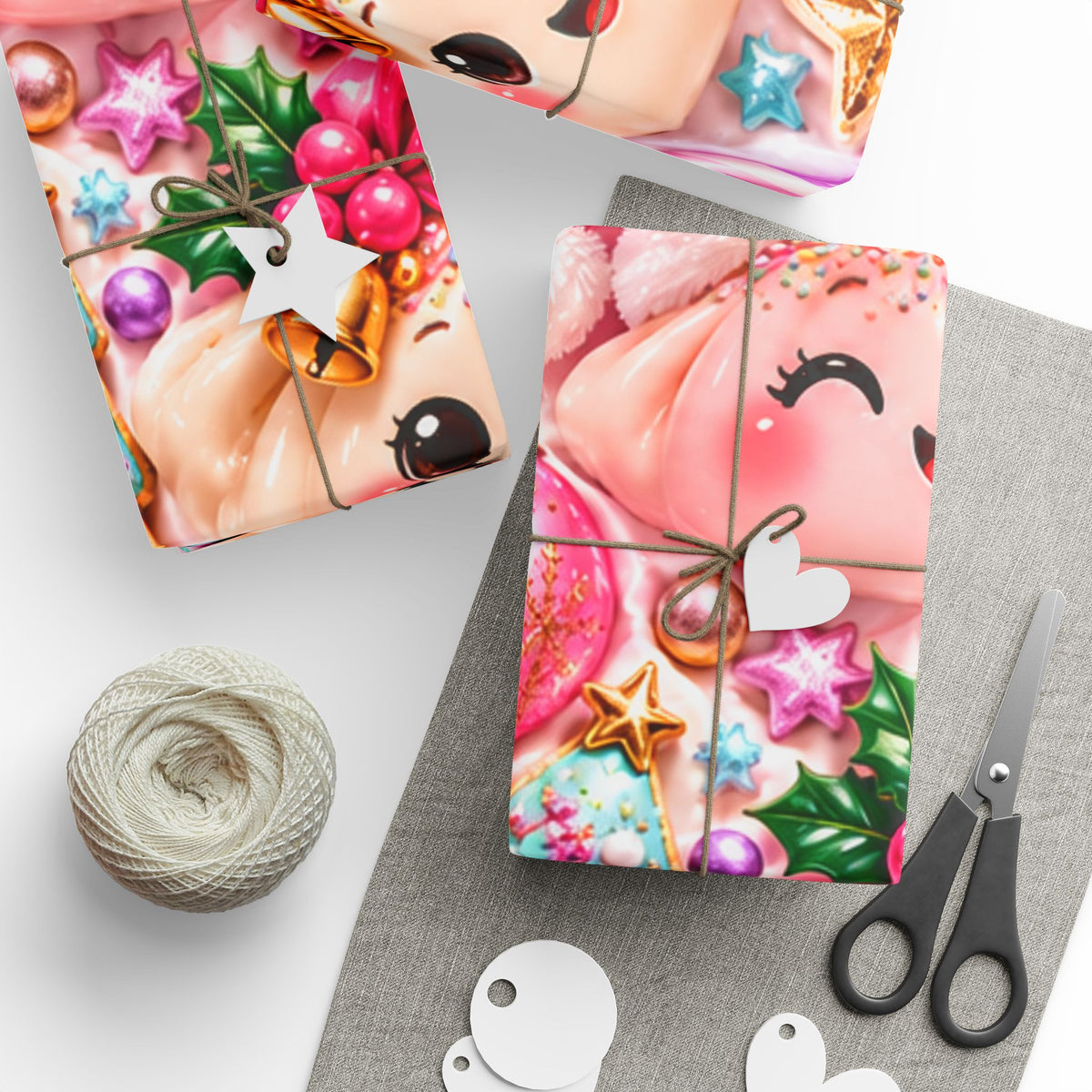 Christmas Elf Wrapping Paper - Cute Pink Holiday Gift Wrap with Ornaments & Cookies