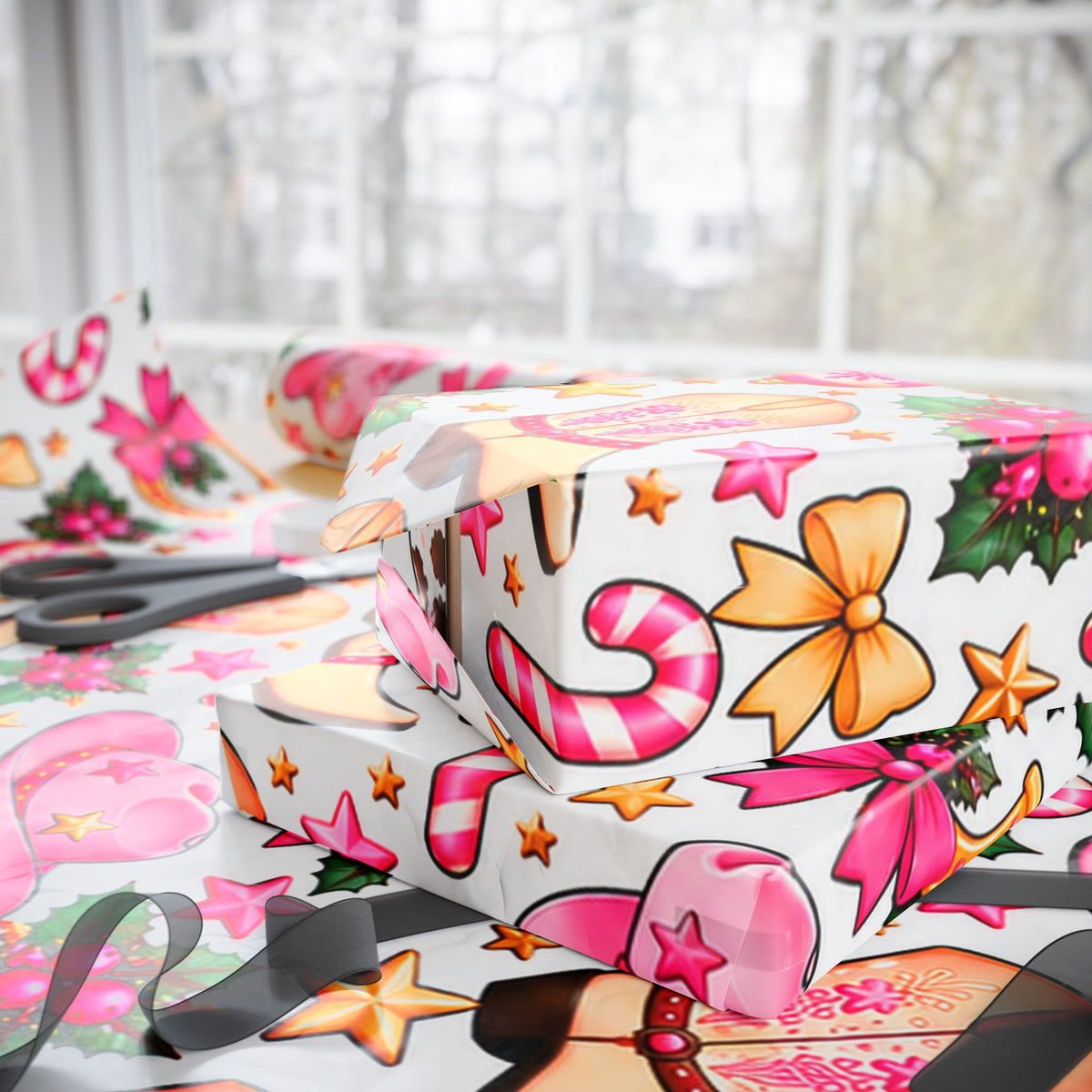 Cowgirl Christmas Wrapping Paper — Pink Cowboy Boots & Hats Holiday Gift Wrap