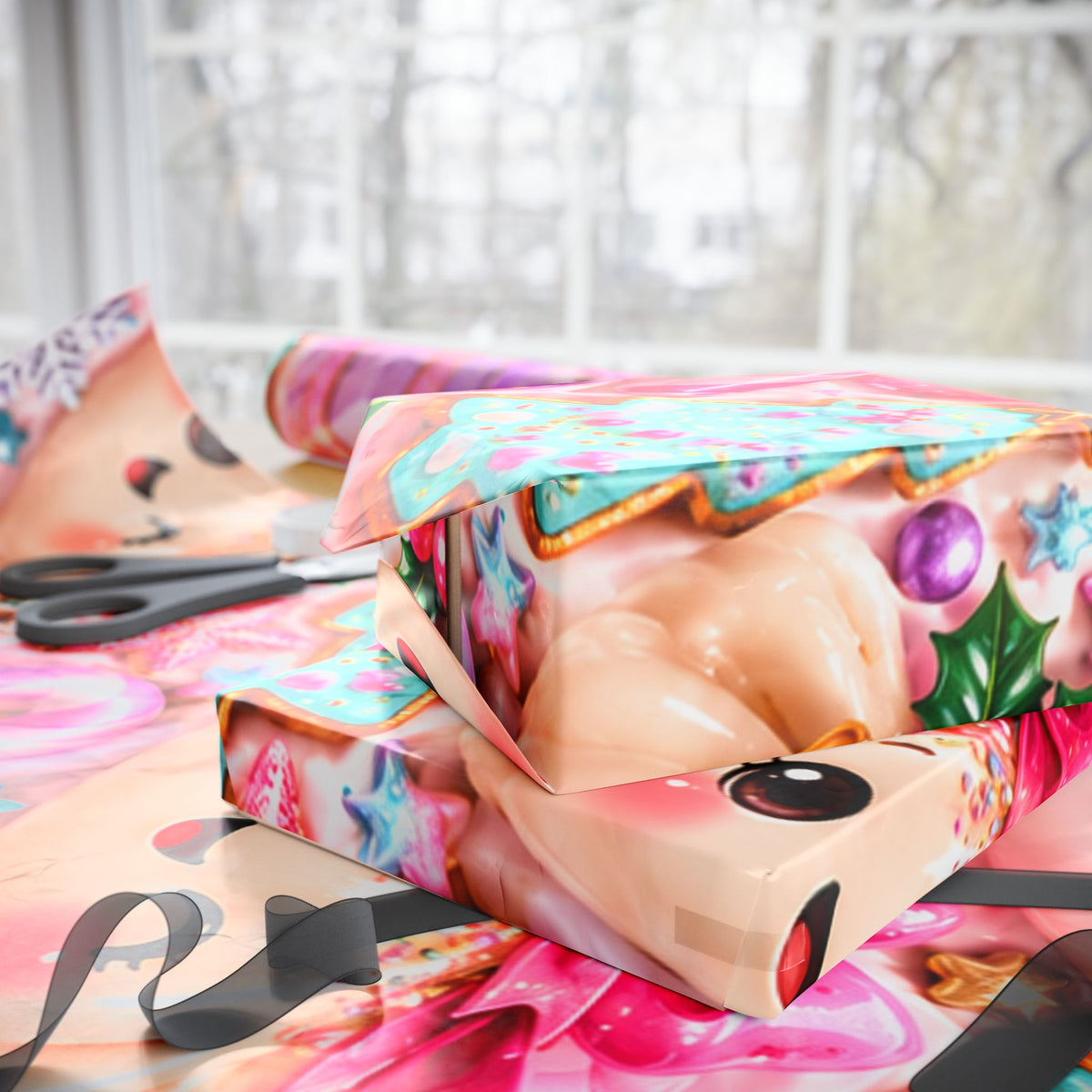 Christmas Elf Wrapping Paper - Cute Pink Holiday Gift Wrap with Ornaments & Cookies