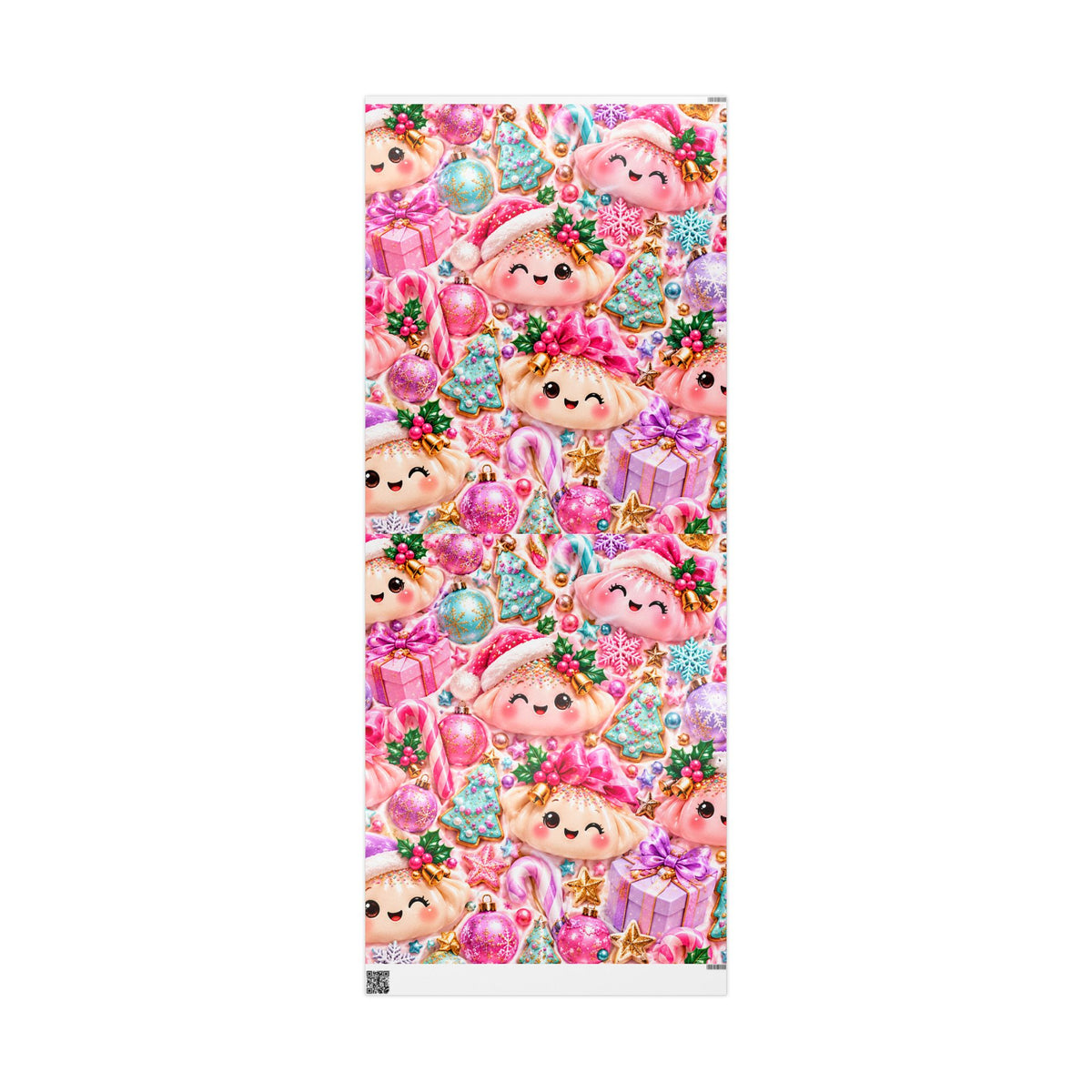 Christmas Elf Wrapping Paper - Cute Pink Holiday Gift Wrap with Ornaments & Cookies